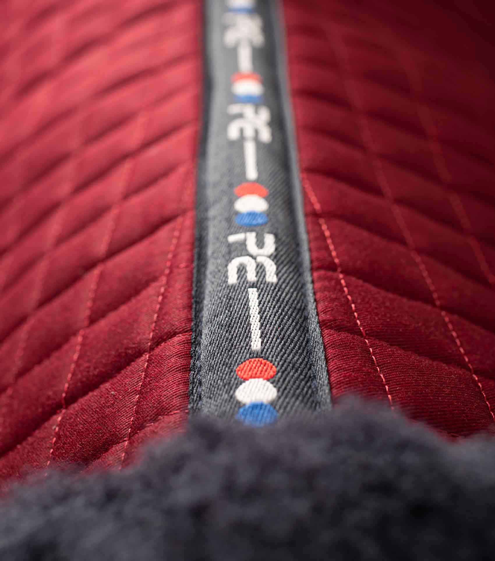 PREMIER EQUINE Merino Wool Dressage Saddle Pad - Burgundy/Navy. Close contact, European Style, Quality Equestrian Tack.