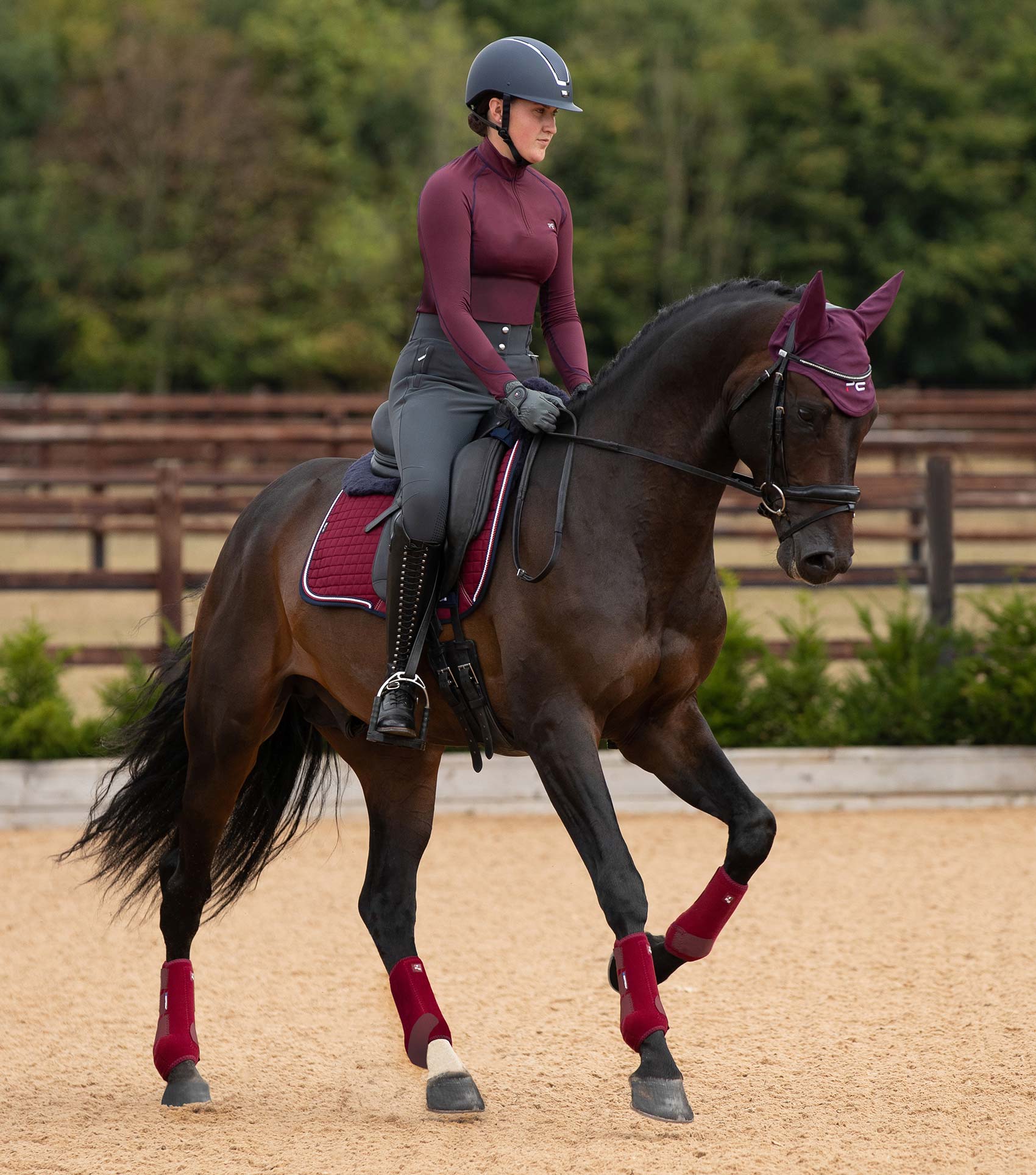 Premier Equine Burgundy Merino Wool Dressage Saddle Pad on Horseback: Close Contact, European Style, Navy Trim. Horse Riding Equipment.