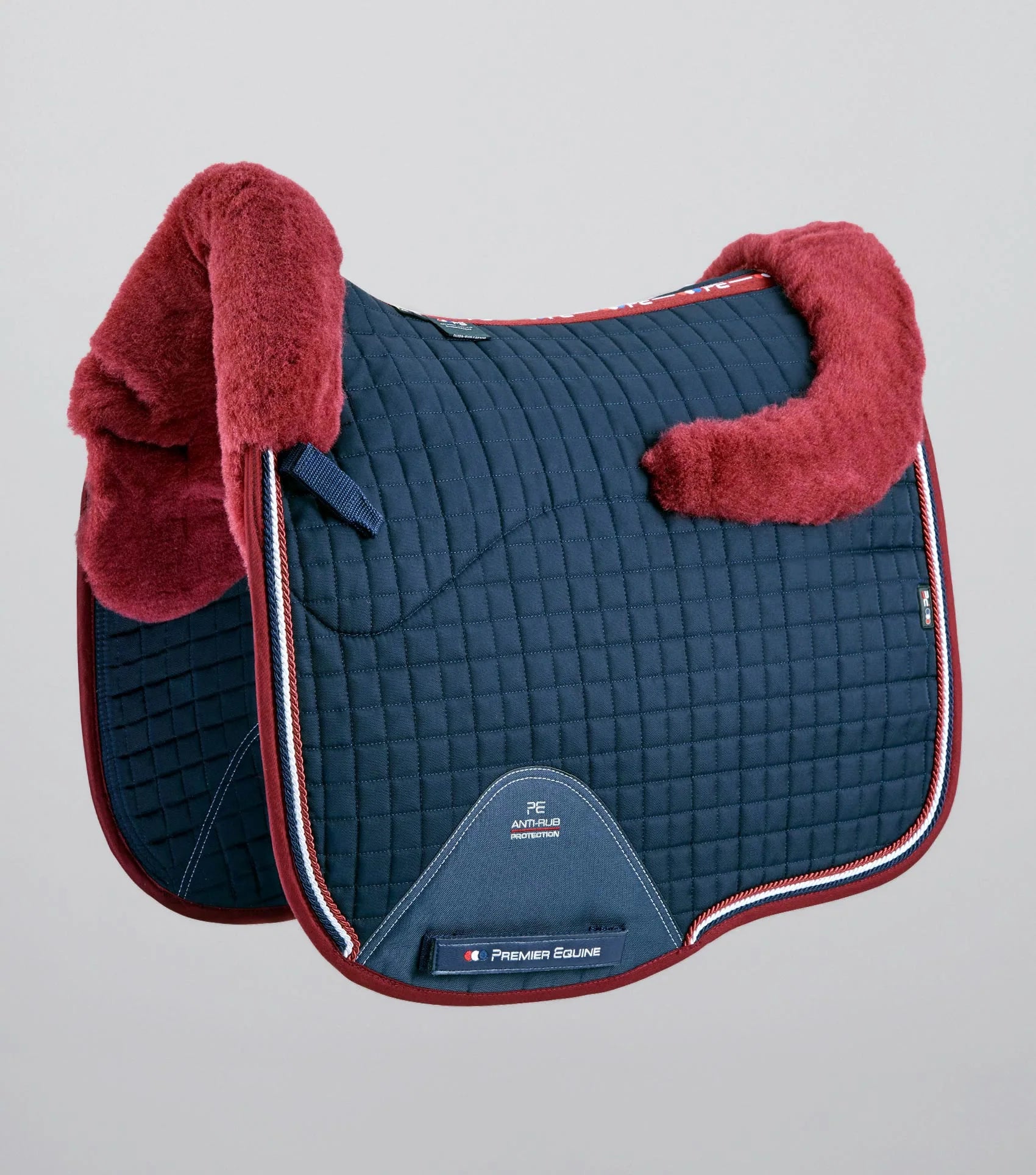 Premier Equine Merino Wool Dressage Saddle Pad - Navy & Burgundy. Close contact, anti-rub protection, high wither design.
