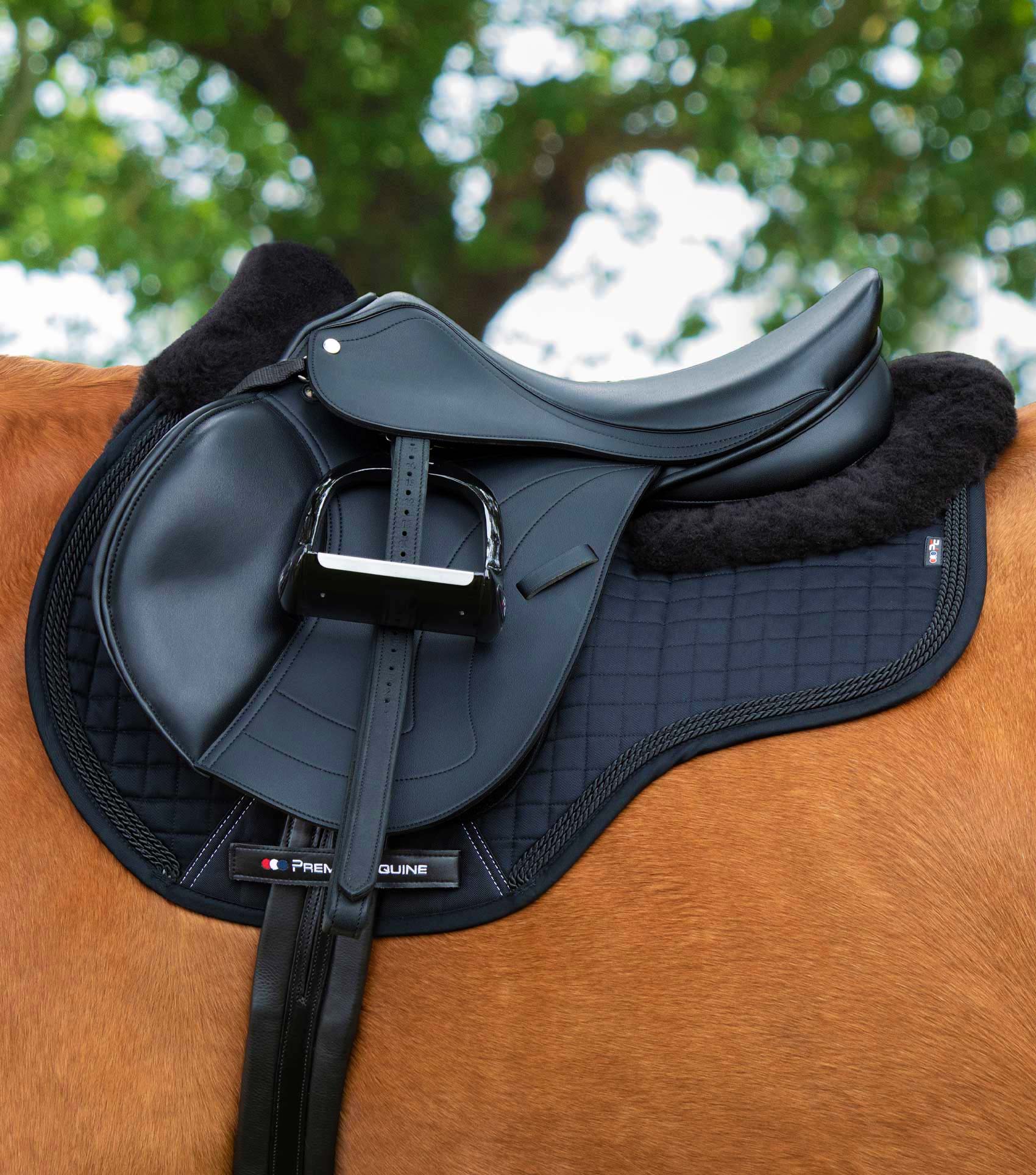 PREMIER EQUINE Black Merino Wool GP Jump Square Saddle Pad for Horse Riding. Comfortable & Breathable Equine Gear.
