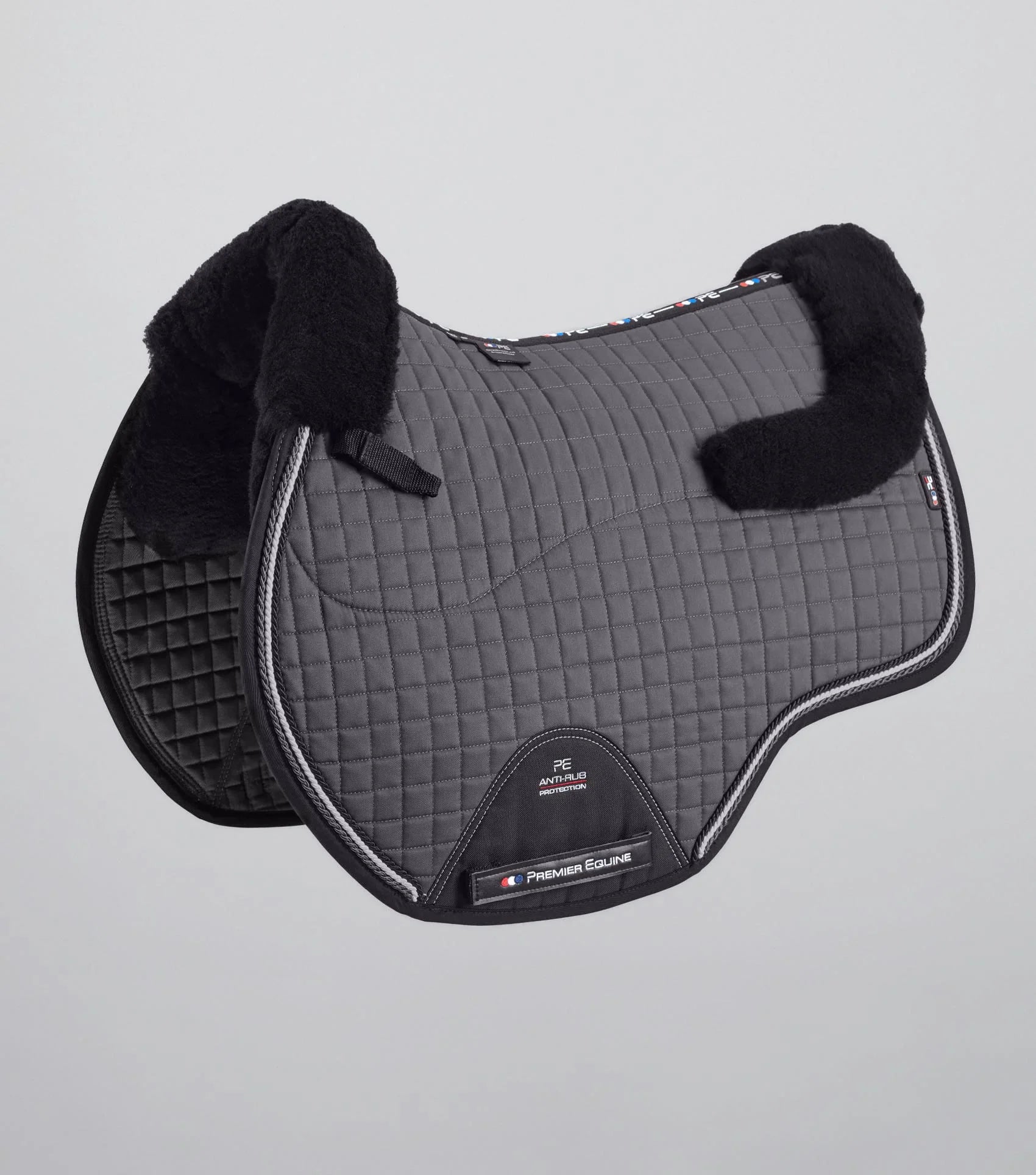 PREMIER EQUINE Close Contact Merino Wool Grey Saddle Pad. GP/Jump Square with Black Wool. Horse Riding Equipment