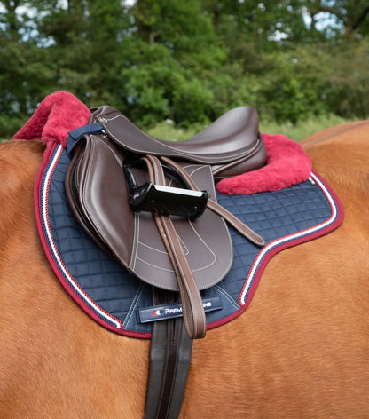 PREMIER EQUINE Merino Wool Saddle Pad GP/Jump Square Navy/Burgundy on Horse