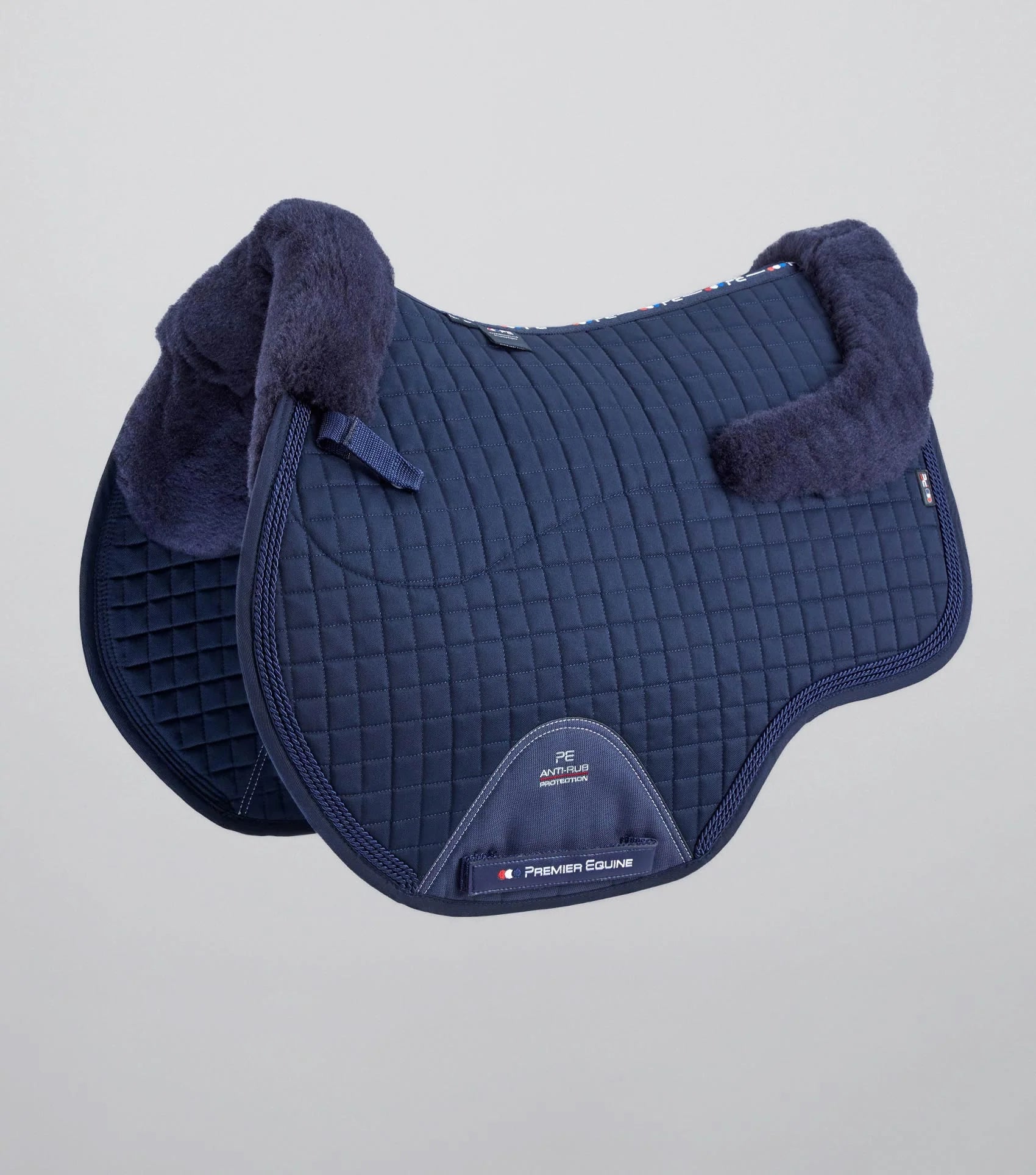 Premier Equine Navy Merino Wool Saddle Pad for Jumping. Premium horse riding equipment.