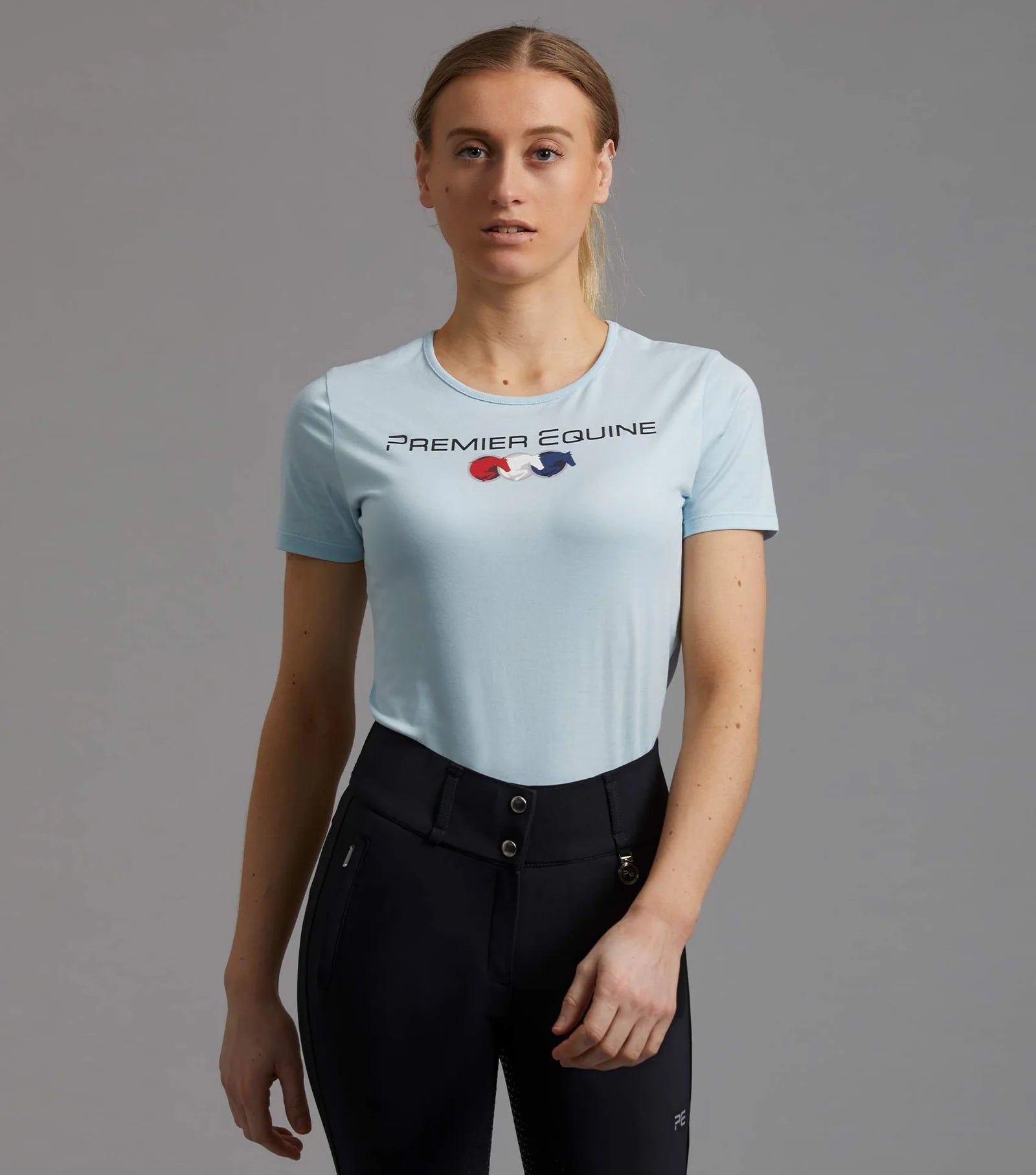 PREMIER EQUINE CHIARO Ladies Cotton Riding T-Shirt - Blue. Women's Equestrian Apparel, Comfortable, Breathable. Equiflair Store.