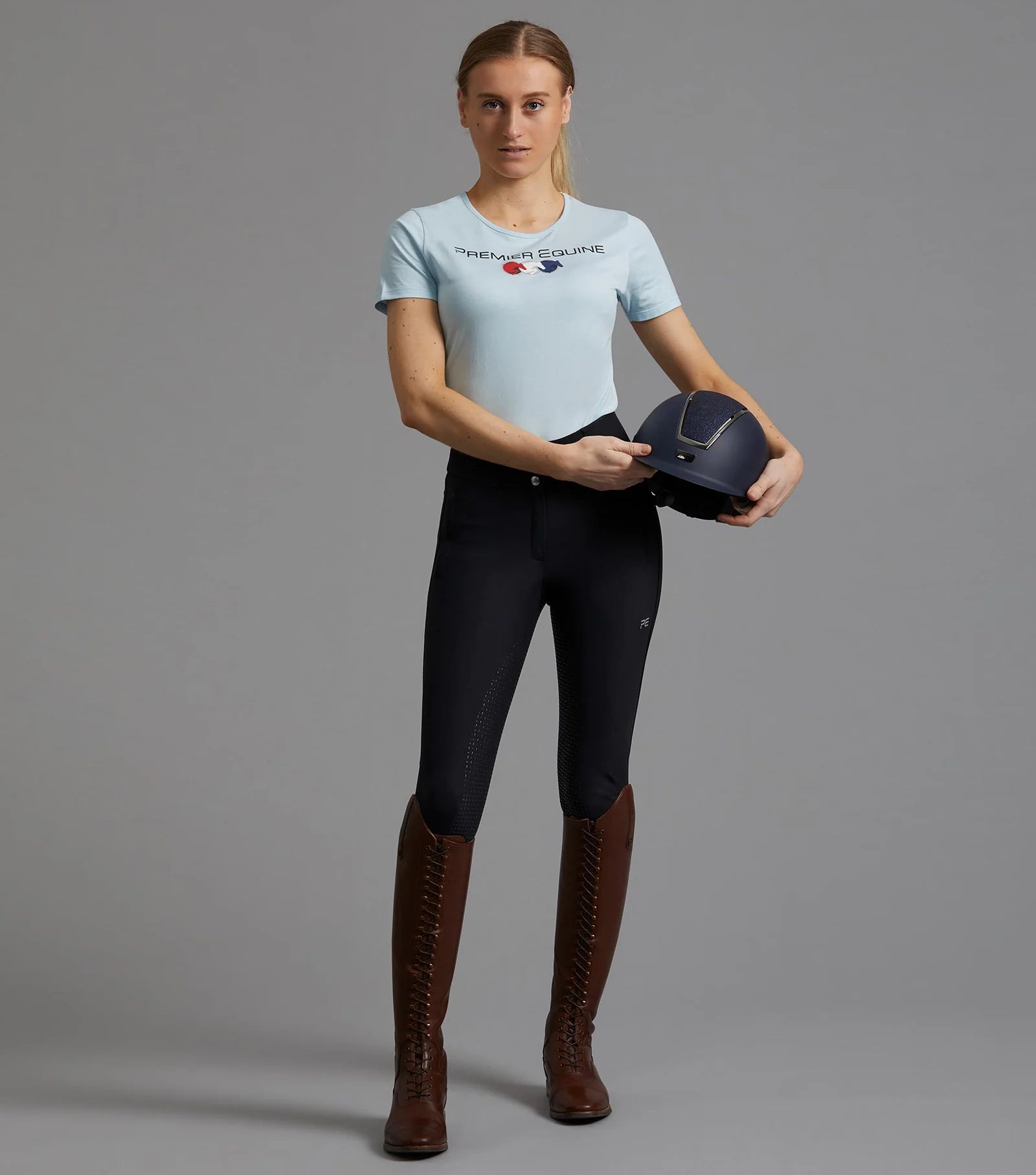 PREMIER EQUINE CHIARO Ladies Blue Cotton Riding T-Shirt. Equestrian Apparel. Comfortable & Breathable. Equiflair.