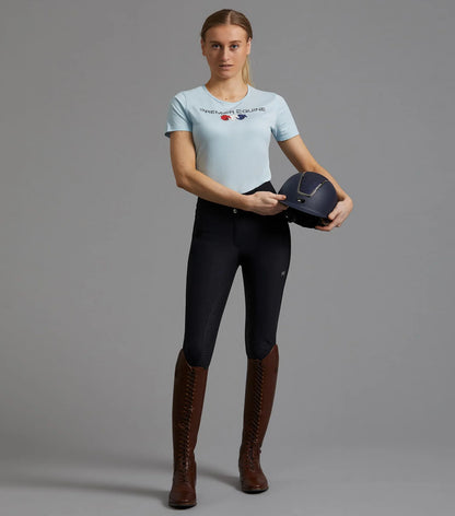 PREMIER EQUINE CHIARO Ladies Blue Cotton Riding T-Shirt. Equestrian Apparel. Comfortable & Breathable. Equiflair.