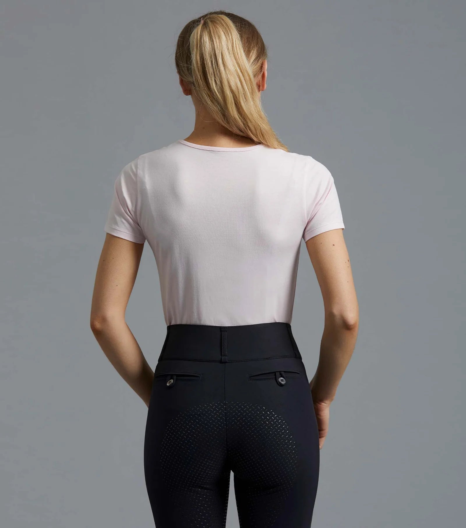 PREMIER EQUINE Pink Cotton Riding T-Shirt & Breeches (Back View). Ladies Equestrian Apparel by Equiflair.