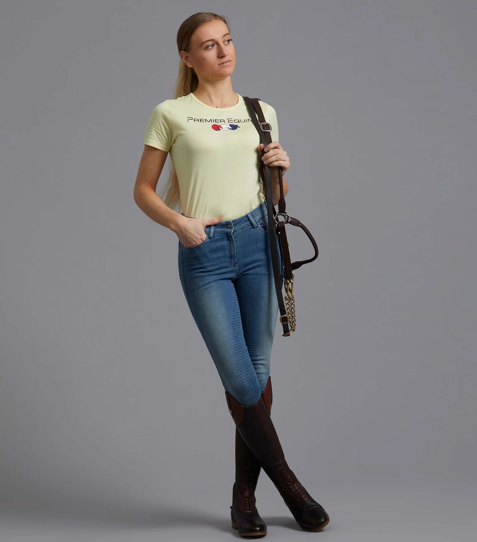 PREMIER EQUINE Chiaro Yellow Ladies Cotton Riding T-Shirt with Jeans and Riding Boots. Equestrian Apparel, Equiflair