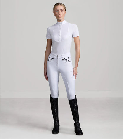 Premier Equine Coco Novo white full seat riding breeches for women. Stylish equestrian competition apparel.