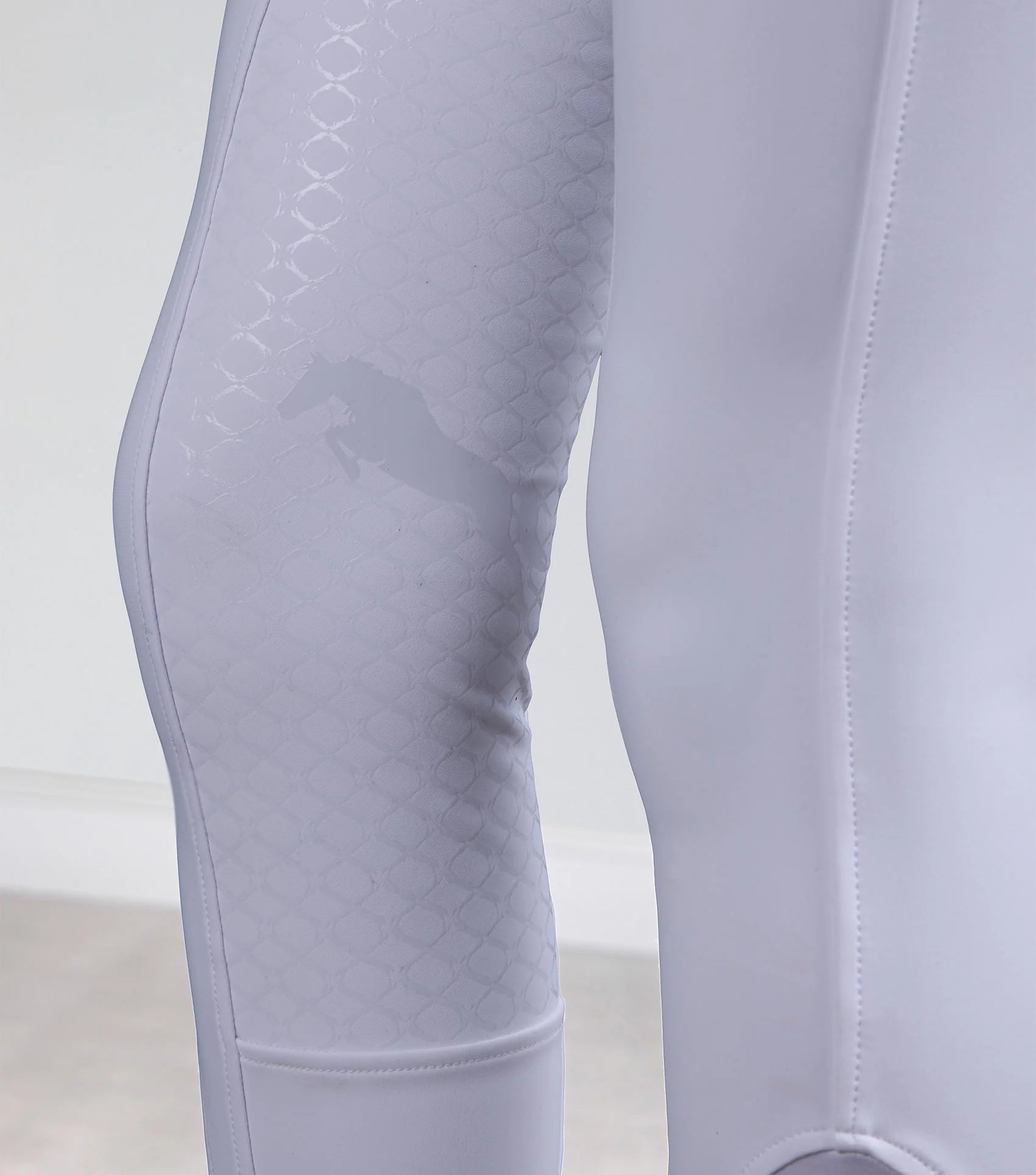 Premier Equine White Riding Breeches: Women's Competition Equestrian Pants with Full Seat & Horse design on grip.