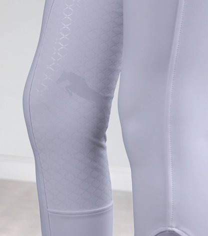 Premier Equine White Riding Breeches: Women's Competition Equestrian Pants with Full Seat & Horse design on grip.