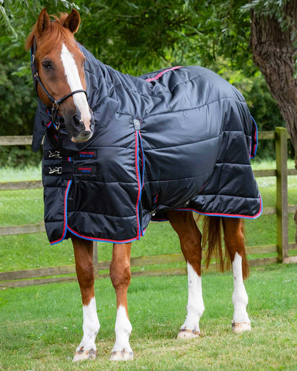 Horse wearing Premier Equine black combo stable rug 200g. Medium weight stable blanket for horses.