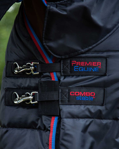 Premier Equine Combo Stable Rug 200g Black with adjustable straps and logo. Horse stable blanket, medium weight. 