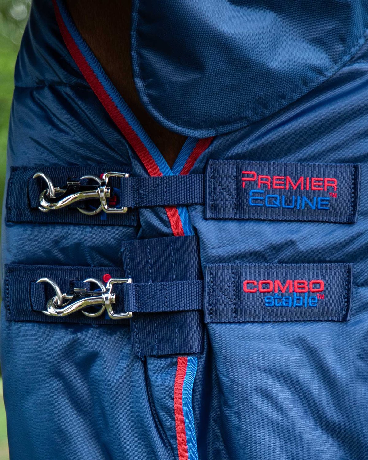 Premier Equine Combo Stable Rug 200g Navy: Durable Horse Blanket with Integrated Neck Cover for Warmth & Comfort in the Stable.