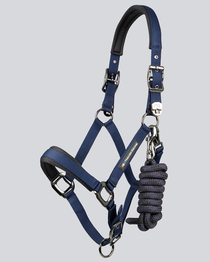 Premier Equine Navy Padded Horse Halter with Lead Rope. Adjustable headcollar for comfort & control. Equiflair UK