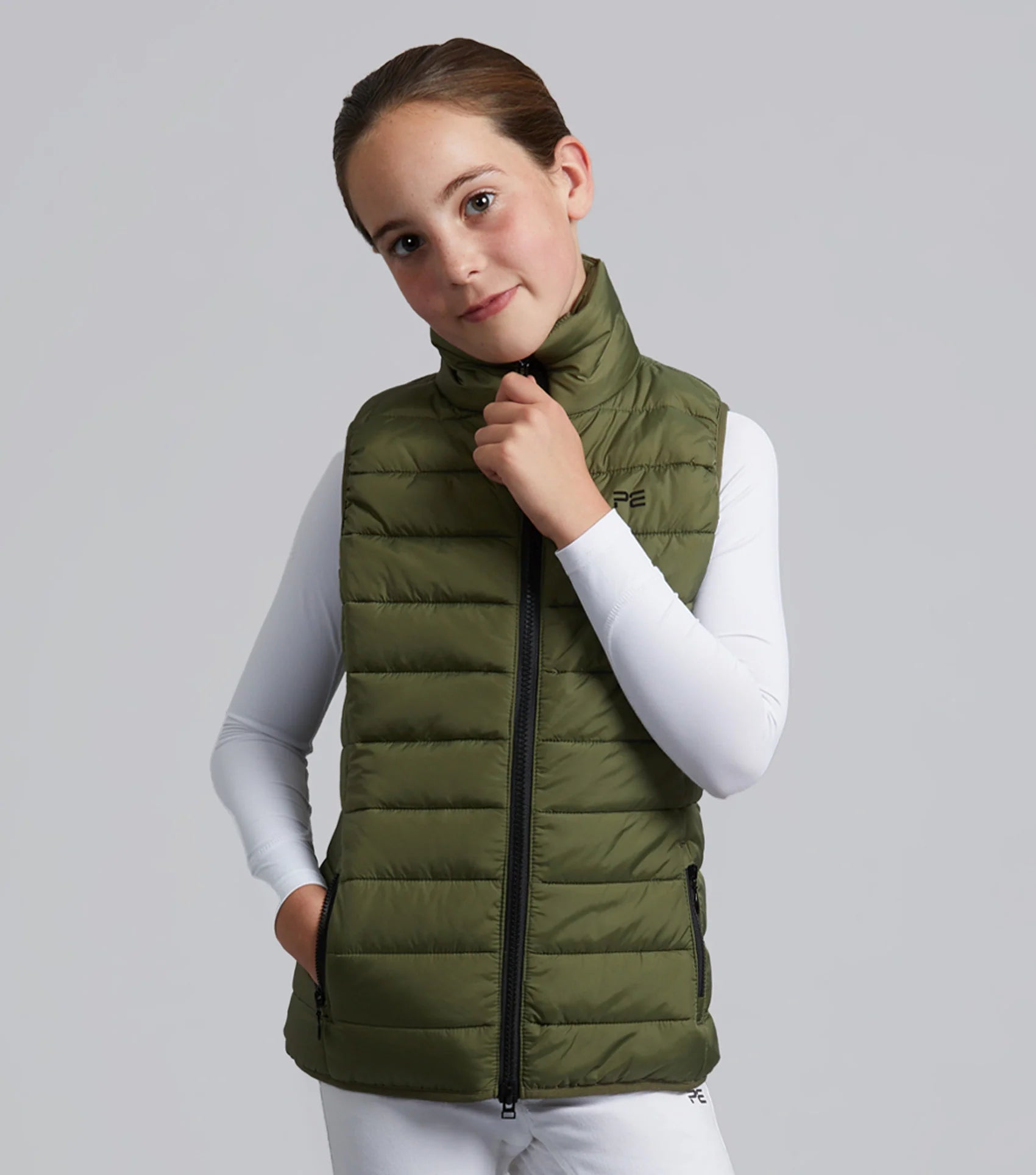 Premier Equine Dante Junior Olive Riding Gilet - Unisex, Quilted, Moisture Wicking