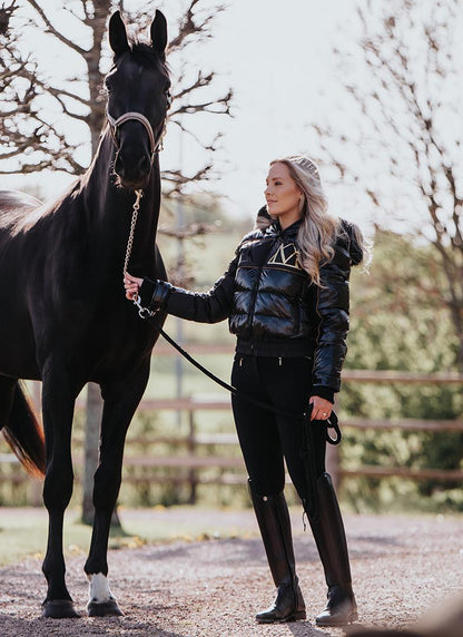 Equestrian Style: Woman with Black Horse in Mountain Horse Diamond Padded Jacket - Equiflair