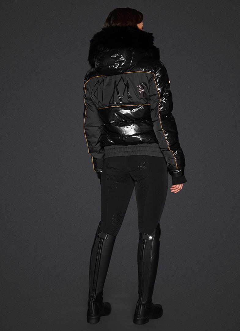 MOUNTAIN HORSE DIAMOND JACKET Black: Water & Wind Repellant Puffer with Fur Hood and gold MH Logos. Equestrian Jacket