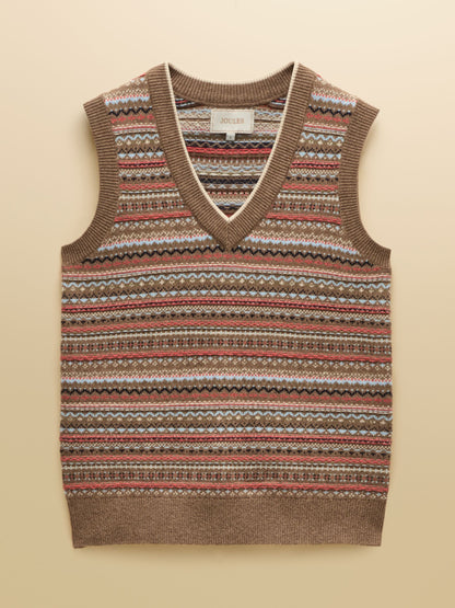 Joules Women's Brown Fair Isle V-Neck Knitted Vest