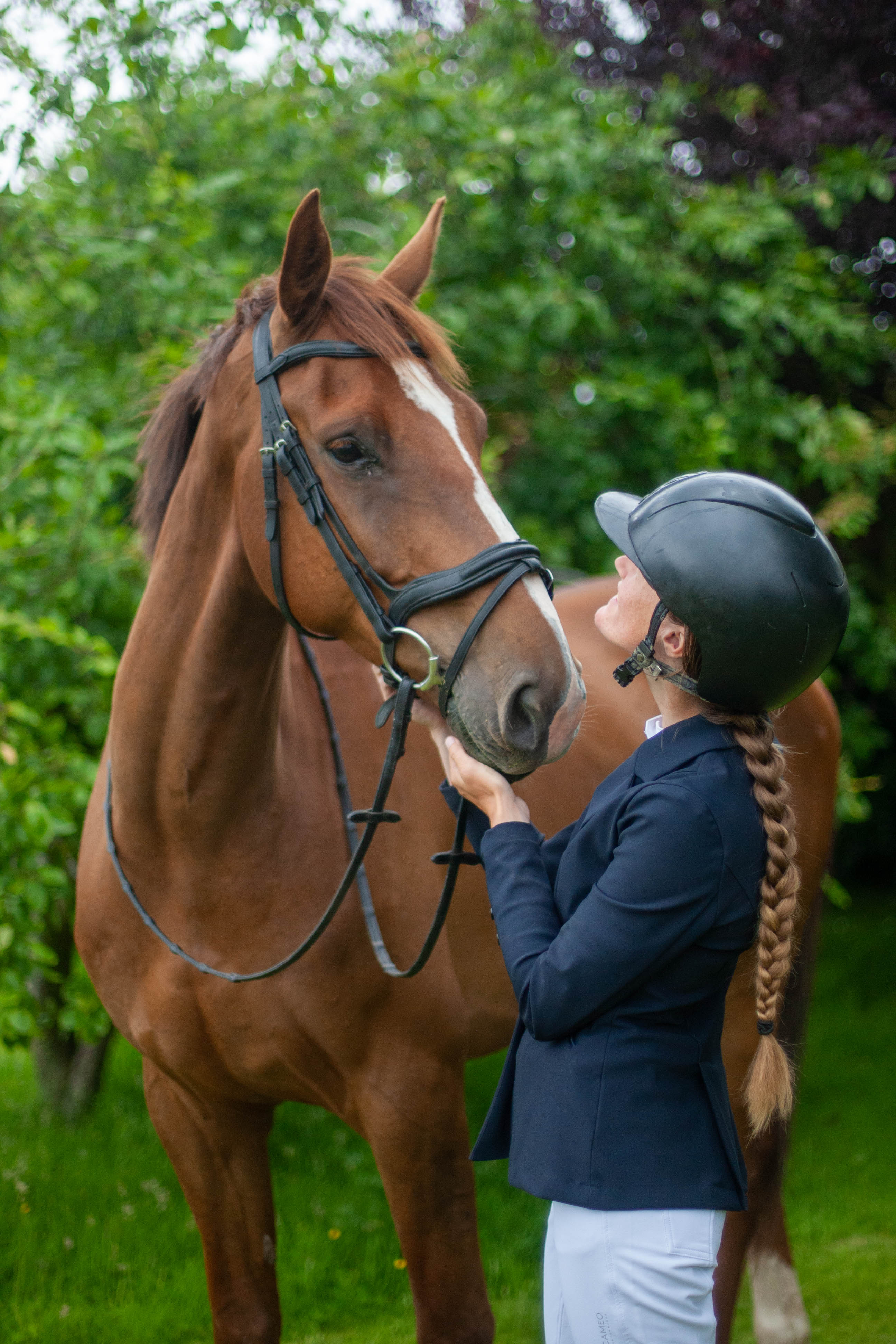 ECORIDER Kilkenny V2.0 Black Bridle on horse with rider in dressage gear. Close up, ultra comfort leather equestrian equipment