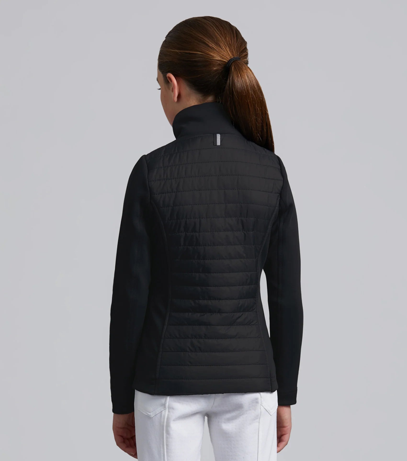 PREMIER EQUINE Mini Elena Girl's Hybrid Riding Jacket Black: Quilted, breathable riding jacket for young riders.