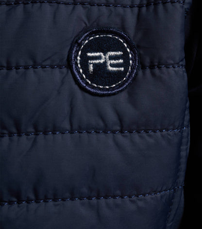 Premier Equine Mini Elena Girl's Hybrid Navy Riding Jacket. Quilted design with 'PE' logo. Stylish & functional equestrian wear.