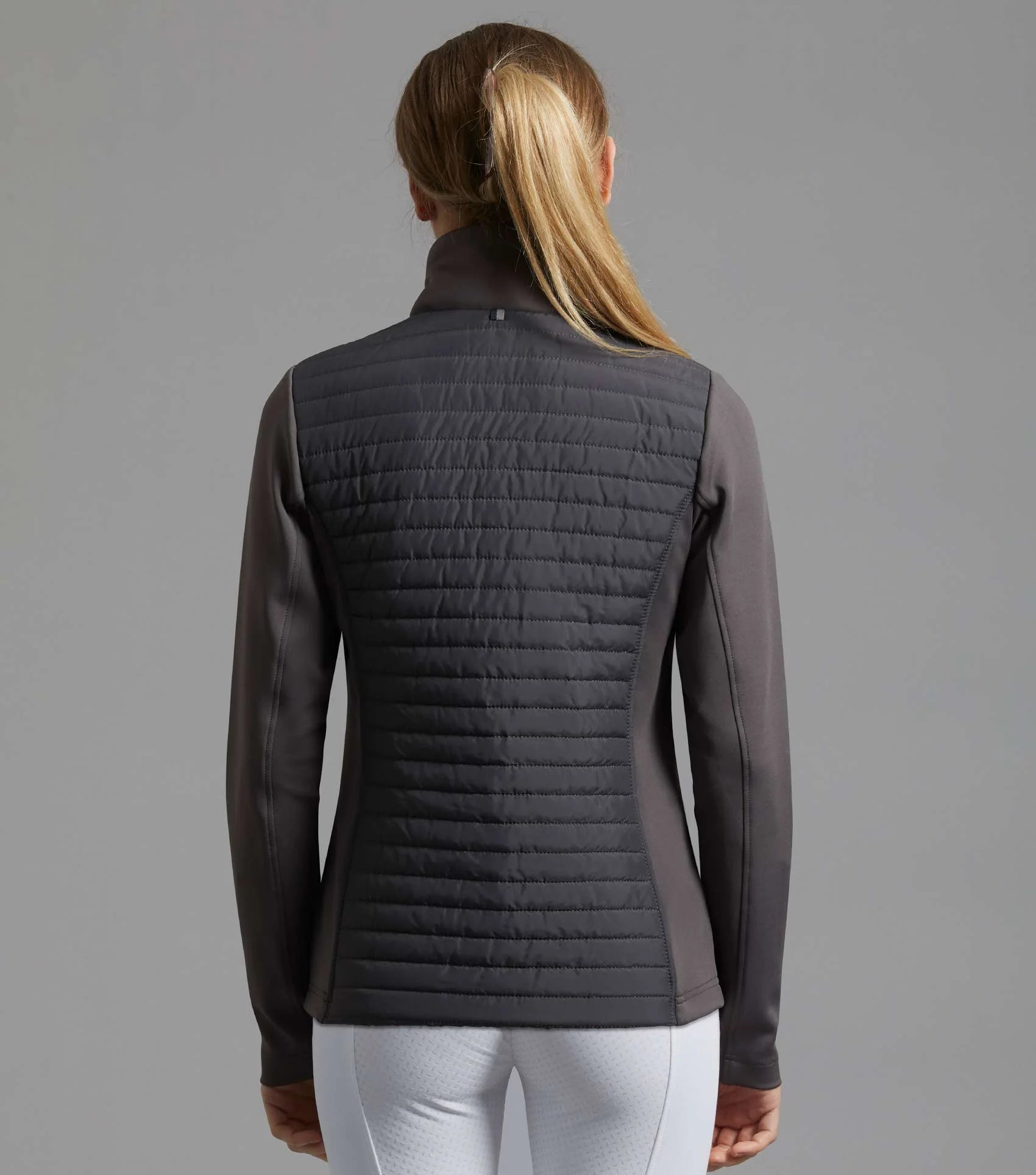 Premier Equine Elena Ladies Riding Jacket (Anthracite Grey). Back view of quilted equestrian hybrid technical jacket from Equiflair.