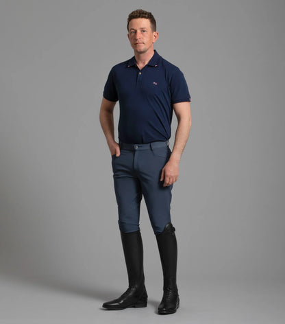 Premier Equine Emilio Men's Riding Breeches - Navy. Equestrian apparel with gel knee patch for improved grip.
