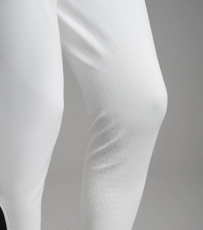 Premier Equine Emilio Men's White Gel Knee Competition Breeches - Close Up View of Leg and Knee Fabric. High Quality Riding Apparel