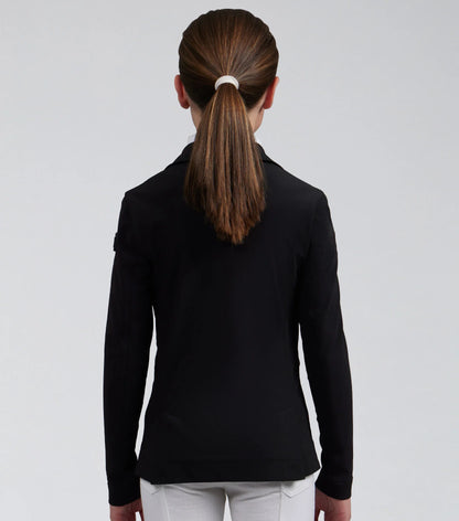 Girls equestrian competition jacket in black - back view. Riding show jacket for horseback riding competitions.
