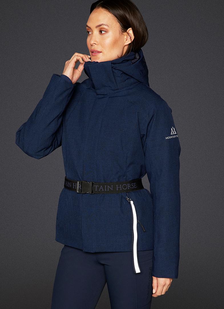 MOUNTAIN HORSE FELICIA Navy Jacket: Waterproof, windproof women's equestrian jacket with hood and belt.