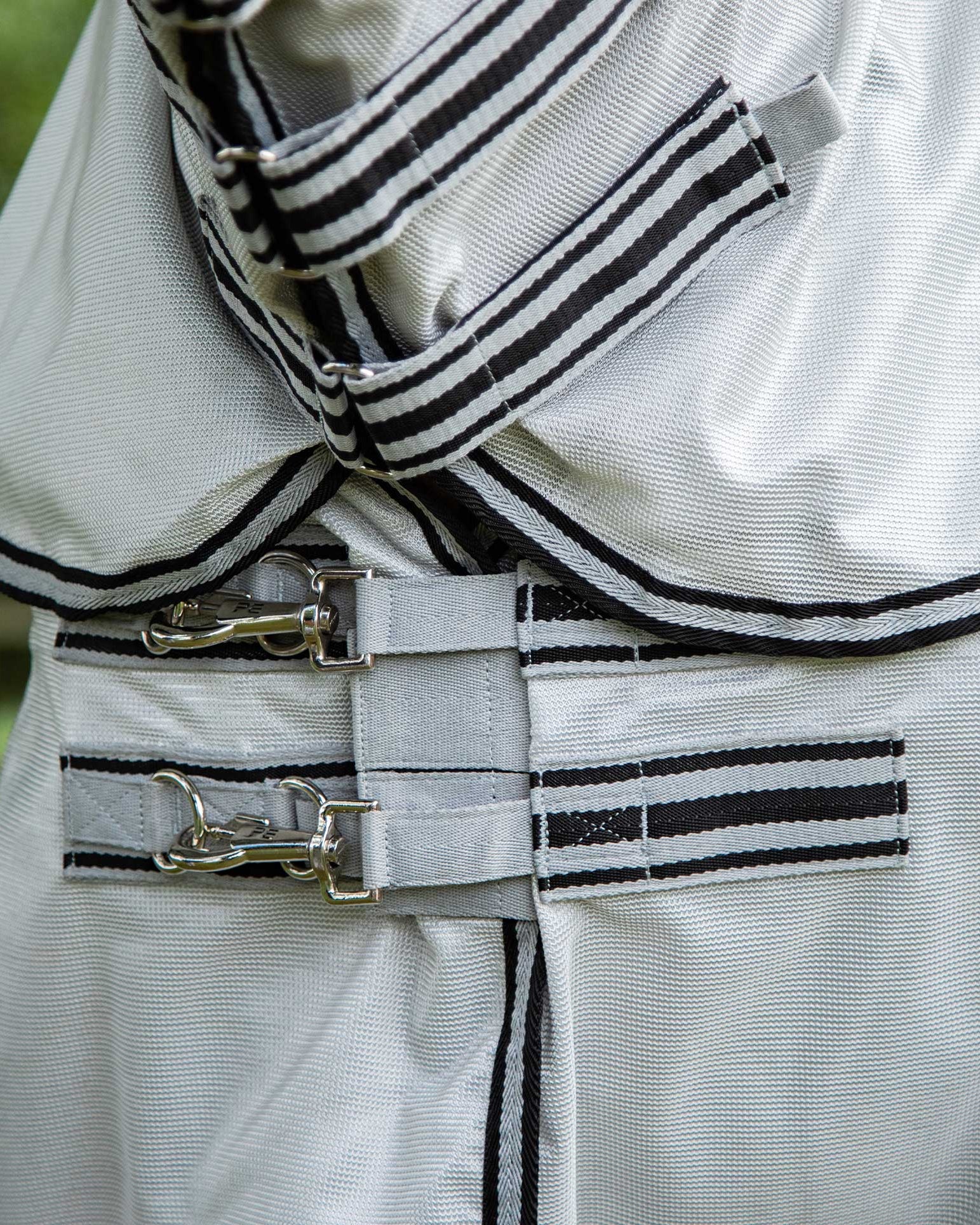 Premier Equine Fly Lite Bug Rug Silver: Close-up of Buckles & Straps - Horse Fly Protection, Mesh Fabric