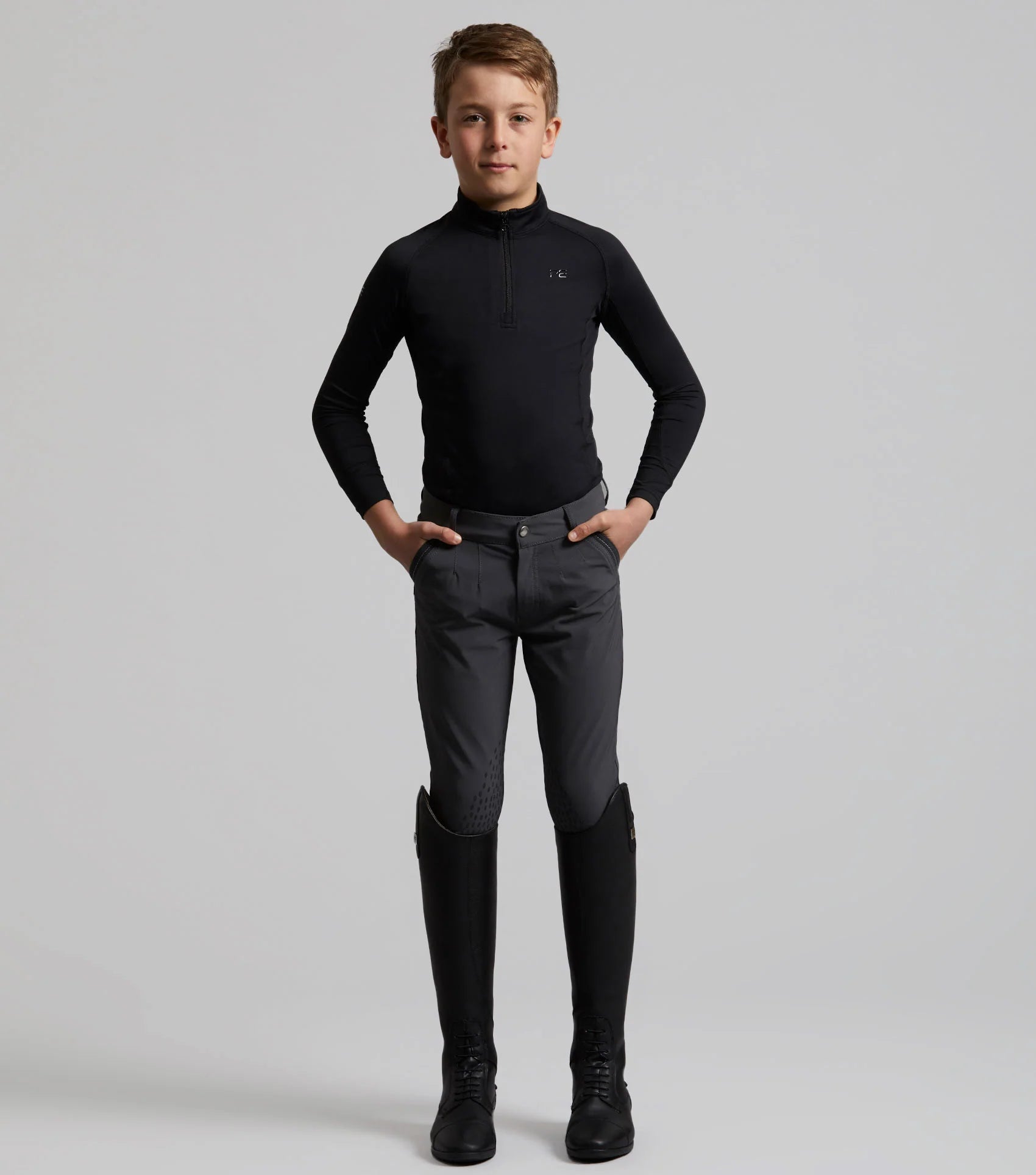 Premier Equine Gando Boys Riding Breeches - Anthracite Grey, Gel Knee Equestrian Apparel