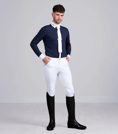 Premier Equine Giulio Navy Men's Show Shirt, equestrian competition riding apparel, long sleeve, tie shirt, white breeches, black boots