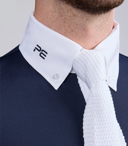 Premier Equine Men's Navy Competition Shirt: Show Ready Polo with White Collar & Tie. #mensshowshirt #equestrianfashion