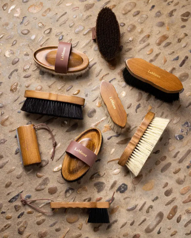 LeMieux Horse Grooming Brushes Set: Lambswool Body Brush, Dandy Brush - Brown Wooden Bristle Brushes