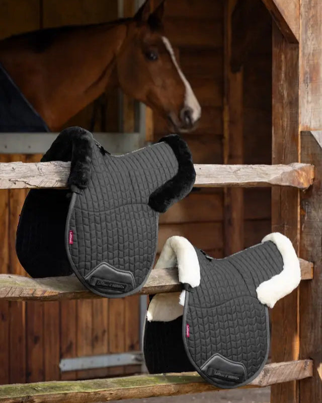 LeMieux Merino+ Half Lined GP Numnah: Black & Natural Saddle Pads. Luxurious Equestrian Gear by Equiflair.