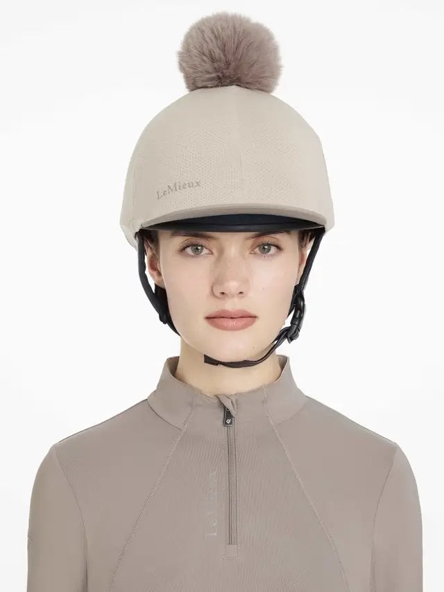LeMieux Maria Mesh Hat Silk in Almond: Equestrian Helmet Cover with Pom Pom