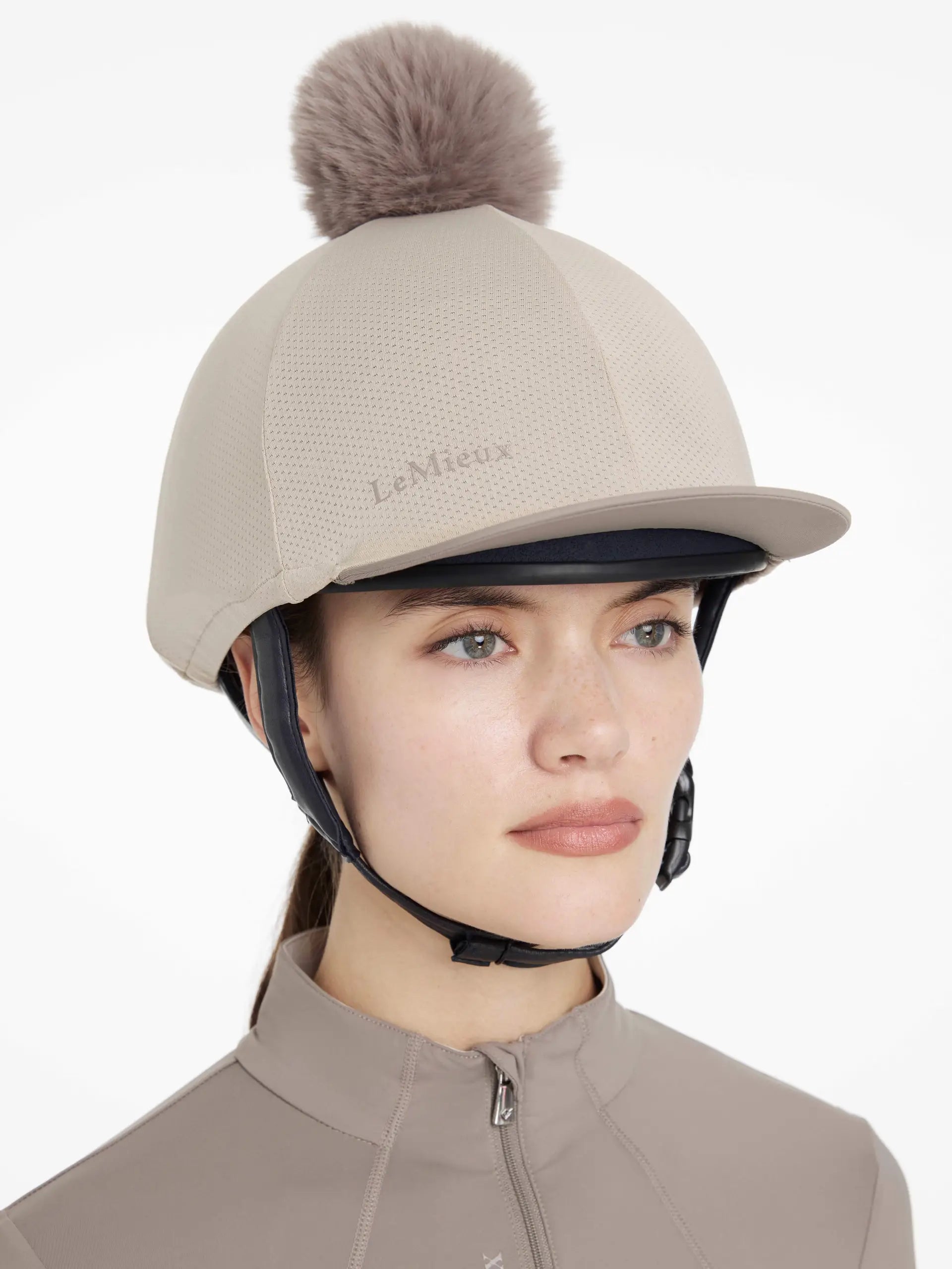LeMieux Maria Mesh Hat Silk - Almond Equestrian Helmet Cover for Women & Girls. Stylish riding hat silk with detachable pom.