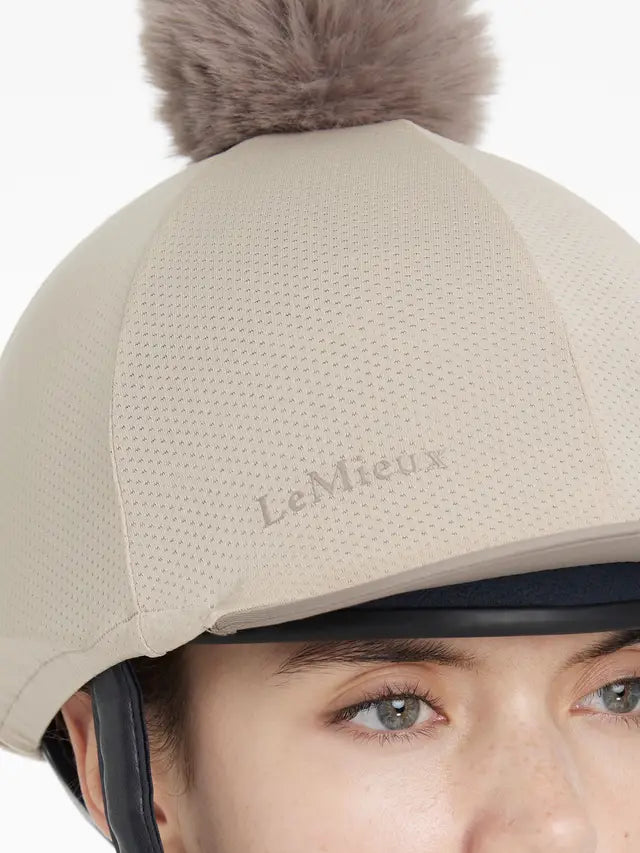 LEMIEUX Maria Mesh Riding Hat Silk - Almond. Equestrian Helmet Cover with Detachable Pom Pom.