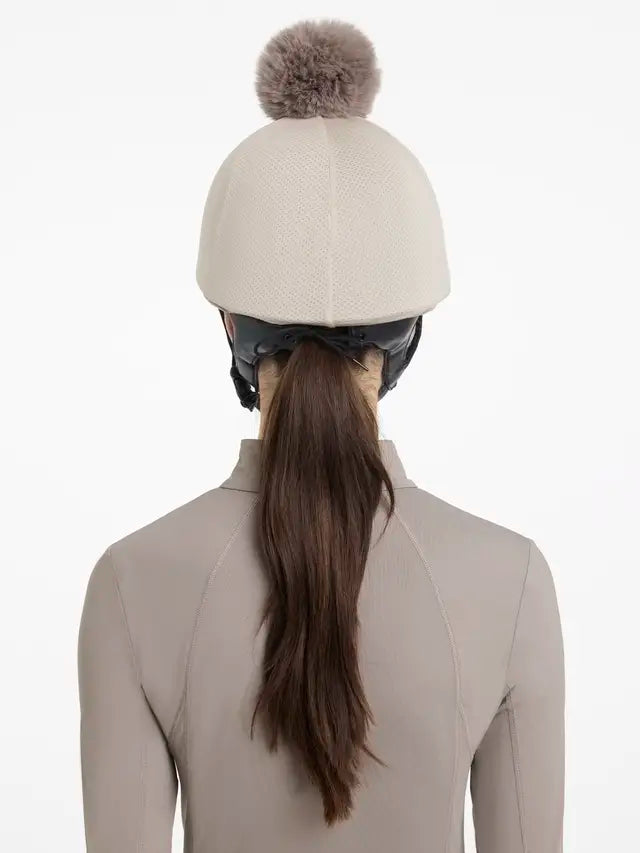 LEMIEUX Maria Mesh Hat Silk Almond: Breathable Riding Helmet Cover with Detachable Pom | Equestrian Hat Cover