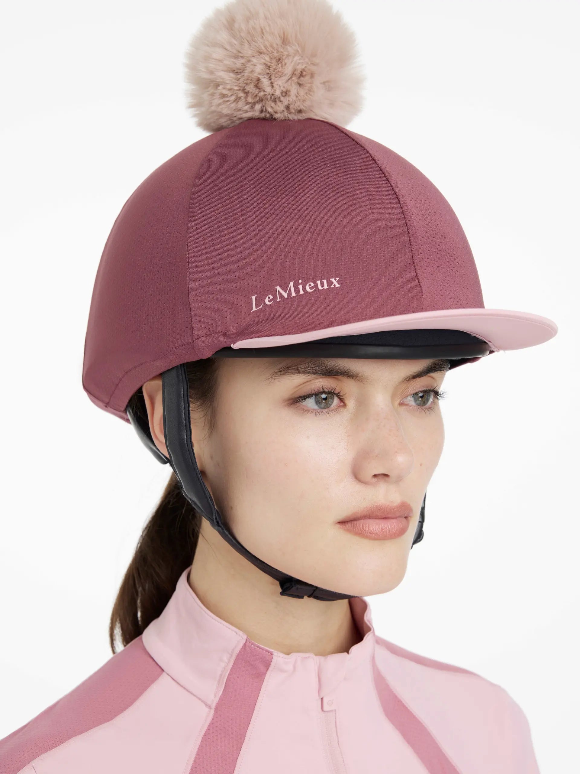 LeMieux Maria Mesh Hat Silk - Rosewood Riding Helmet Cover with Pom. Breathable equestrian headwear.