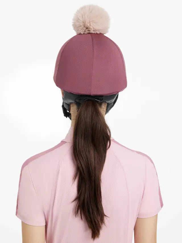 LE MIEUX Maria Mesh Hat Silk - Rosewood Equestrian Helmet Cover with Pom. Lightweight, breathable, stylish riding apparel.