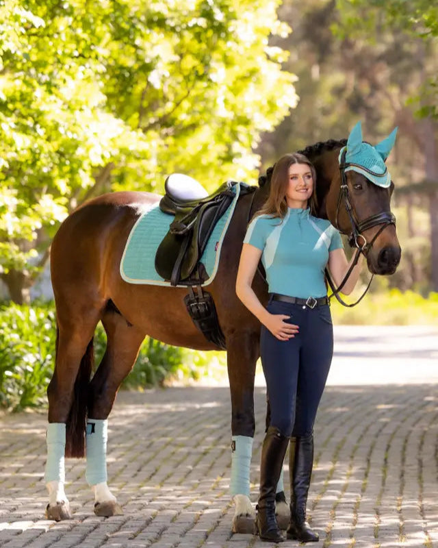 LEMIEUX SUEDE DRESSAGE SQUARE LAGOON Equestrian Outfit: Horse & Rider in Matching Aqua Tack & Apparel by Equiflair