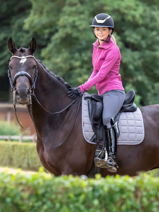 LeMieux Carbon Mesh Dressage Square Grey Saddle Pad on Horse. Equestrian Sport Riding Apparel.