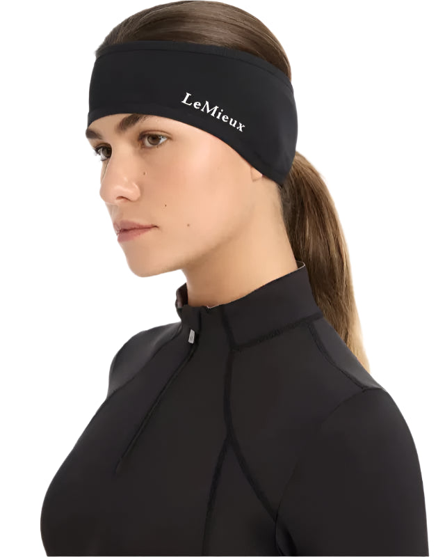 LeMieux Black Ear Warmer Headband: Micro-fleece, breathable, ponytail opening. Ideal for riding under helmets or alone.