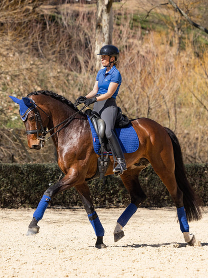Horse and Rider in Lemieux Benetton Blue Dressage Square Saddle Pad