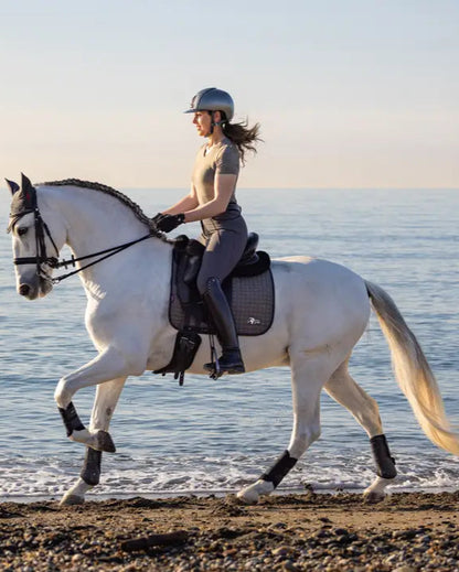 LeMieux Earth Dressage Square Moss Saddle Pad: Horse and Rider on Beach