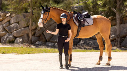 LeMieux Suede Eurojump Square Grey Saddle Pad with horse and rider, Equiflair store