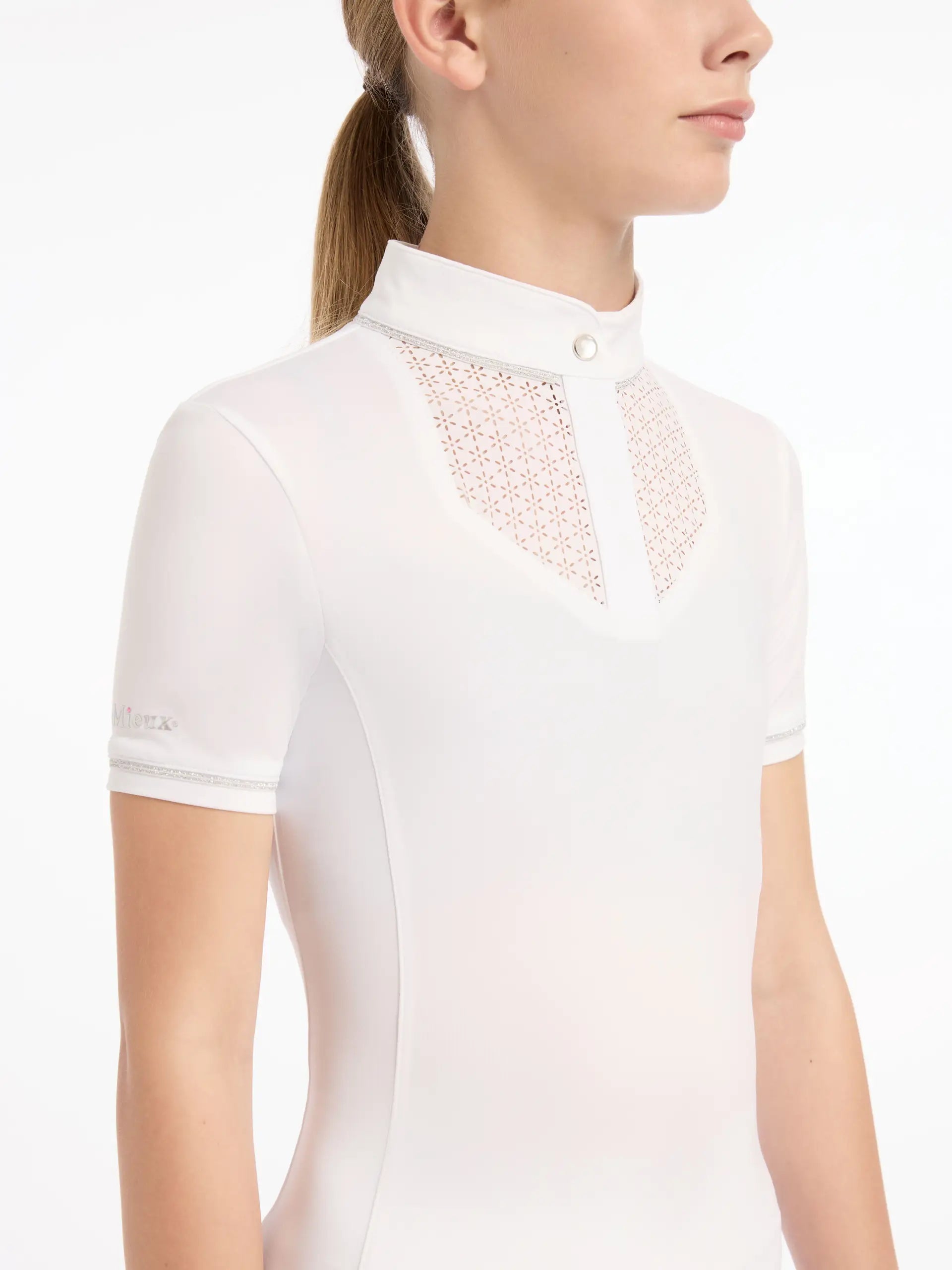 Lemieux Young Rider Belle White Show Shirt. Equestrian Competition Apparel, laser-cut, glitter piping
